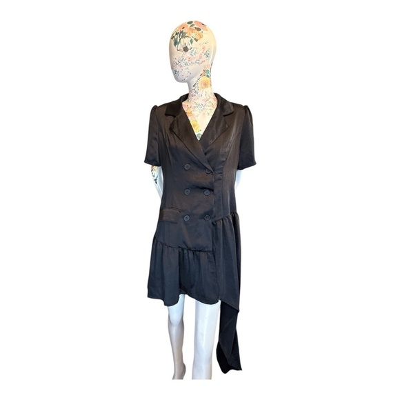 Black Asymmetrical Wrap Dress with Notched Collar - Picture 1 of 8